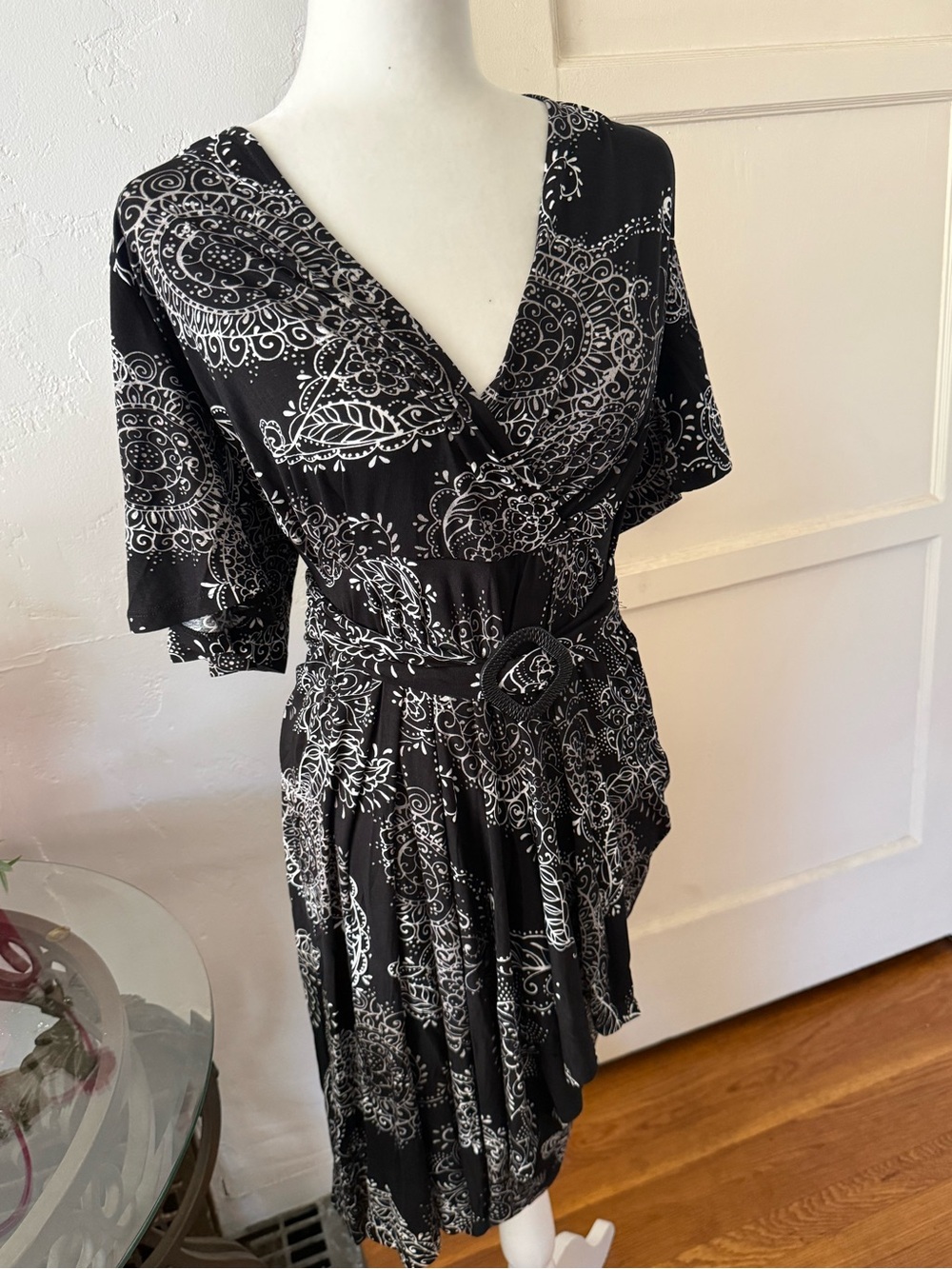 Women's Black Paisley Wrap Midi Dress with Belt